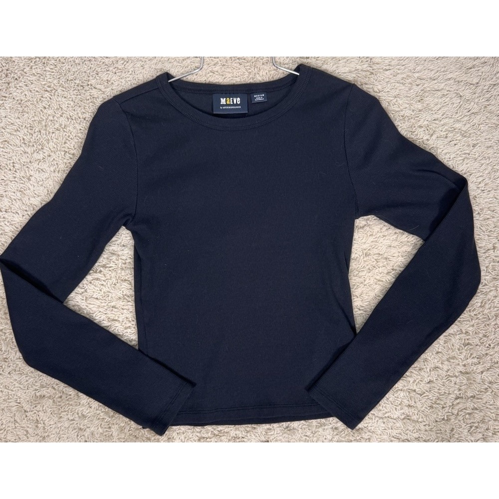 Anthropologie Maeve Black Ribbed Long Sleeve Crew Neck Crop Top Womens M Stretch
